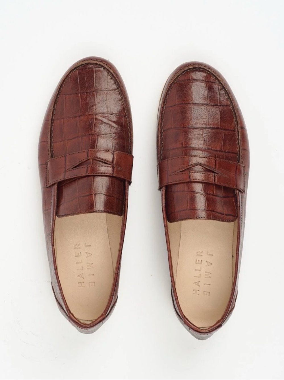 Jamie Haller Brown Croc-Embossed Leather Penny Loafers